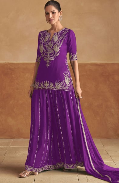 Purple Embroidered Chinnon Lehenga Kameez