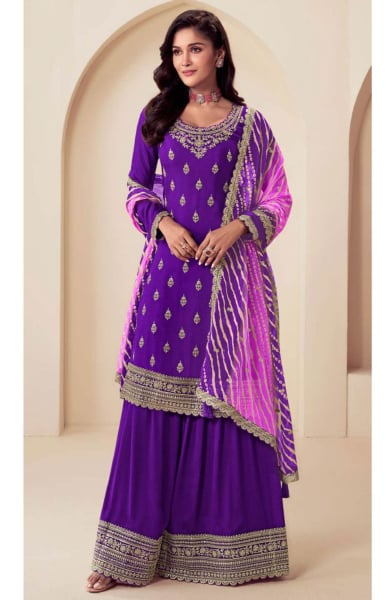 Purple Embroidered Chinnon Palazzo Kameez for Festival