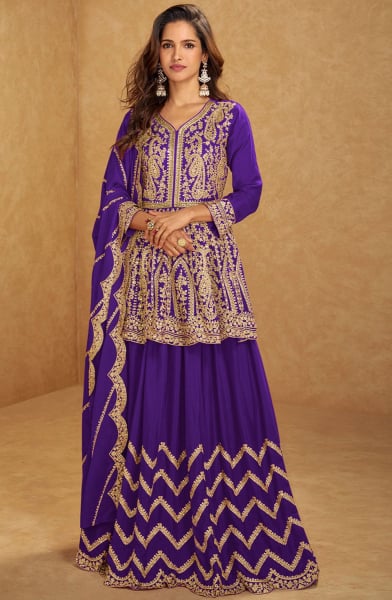 Purple Embroidered Chinnon Silk Lehenga Kameez