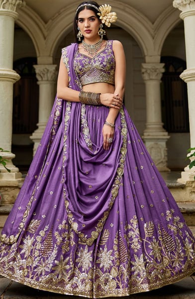 Purple Embroidered Faux Georgette Designer Lehenga Choli