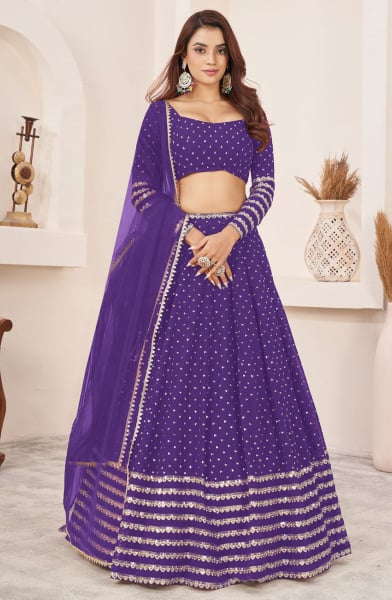 Purple Embroidered Georgette Lehenga Choli for Wedding