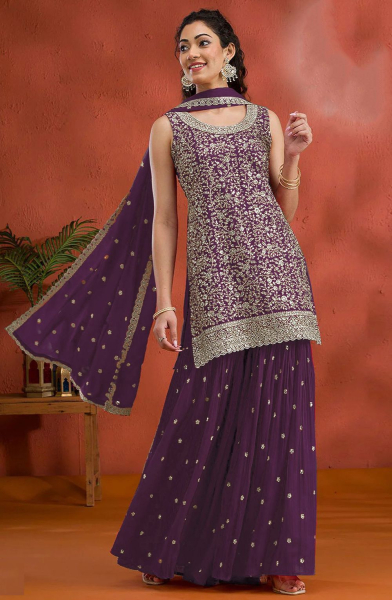Purple Embroidered Georgette Sarara Kameez