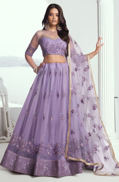 Purple Embroidered Net Lehenga Choli for Wedding
