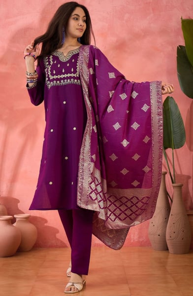 Purple Embroidered Roman Silk Readymade Suit