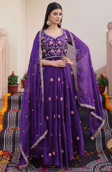 Purple Embroidered Silk Anarkali Suit