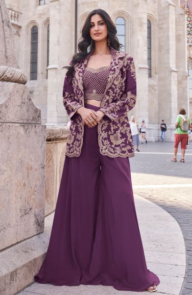 Purple Embroidered Silk Designer IndoWestern
