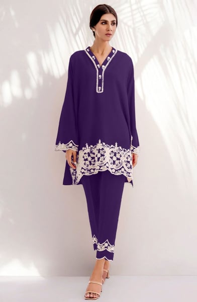 Purple Embroidered Viscose Chanderi Co-Ord Set
