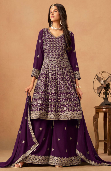 Purple Faux Georgette Designer Embroidered Suit