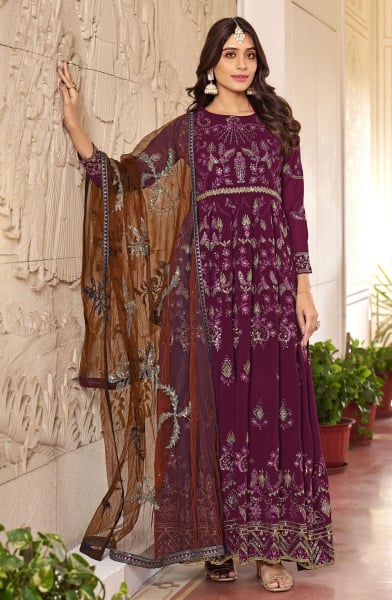Purple Faux Georgette Heavy Embroidered Designer Suit