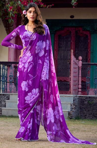 Purple Floral Print Chiffon Saree