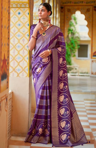 Purple Foil Print Silk Saree for Festival
