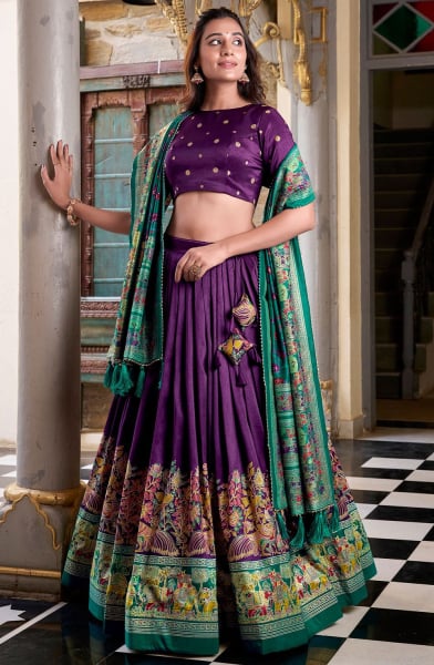 Purple Foil Print Tussar Silk Lehenga Choli