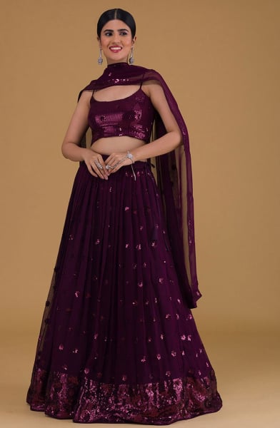 Purple Georgette Embroidered Lehenga Choli Set