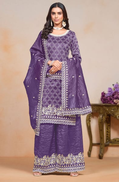 Purple Gold Crush Embroidered Palazzo Kameez Suit