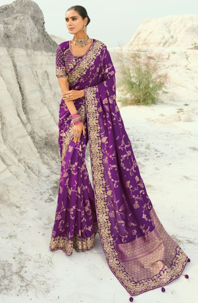 Purple Heavy Embroidered Designer Saree