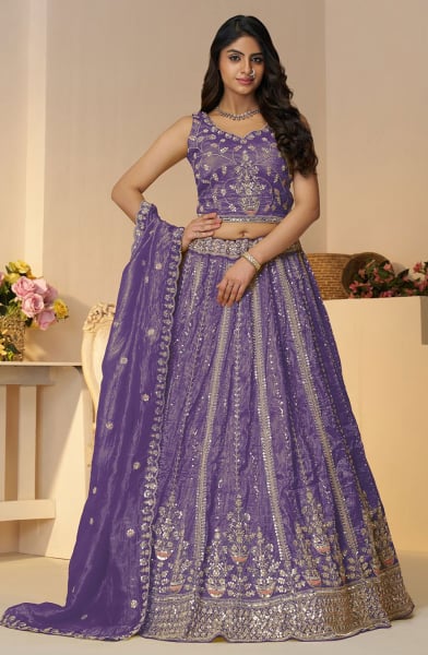 Purple Heavy Embroidered Lehenga Choli for Wedding