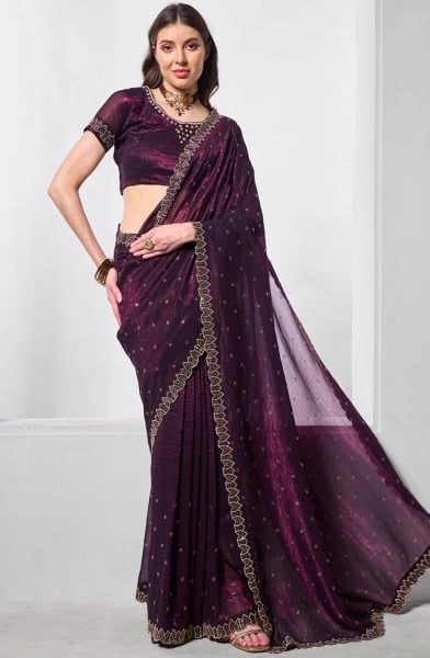 Purple Heavy Embroidered Party Wear Saree