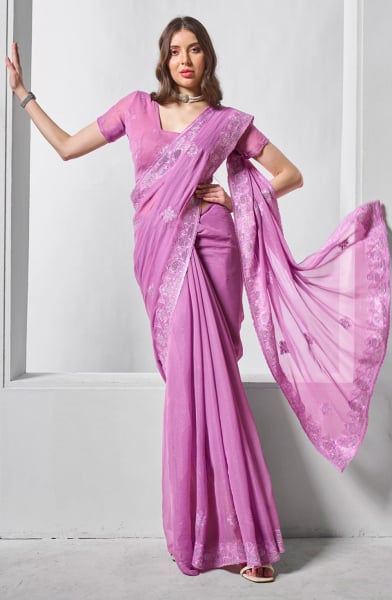 Purple Heavy Embroidered Party Wear Saree