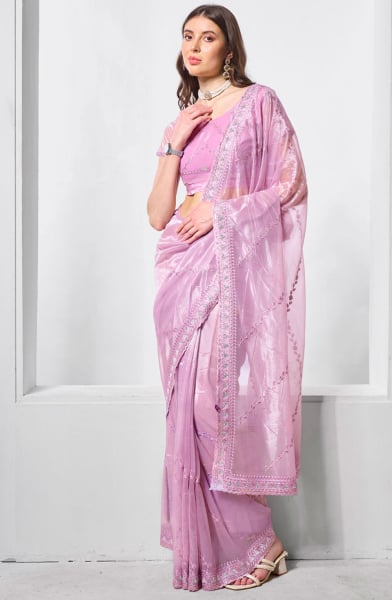 Purple Heavy Embroidered Party Wear Saree