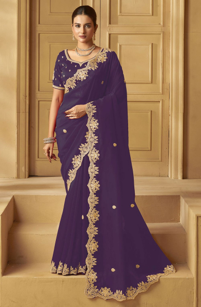 Purple Heavy Organza Embroidered Saree for Ceremonial