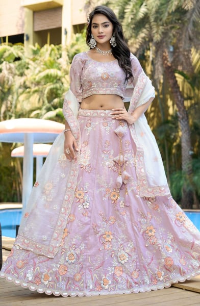 Purple Heavy Resham Embroidered Lehenga Choli Set