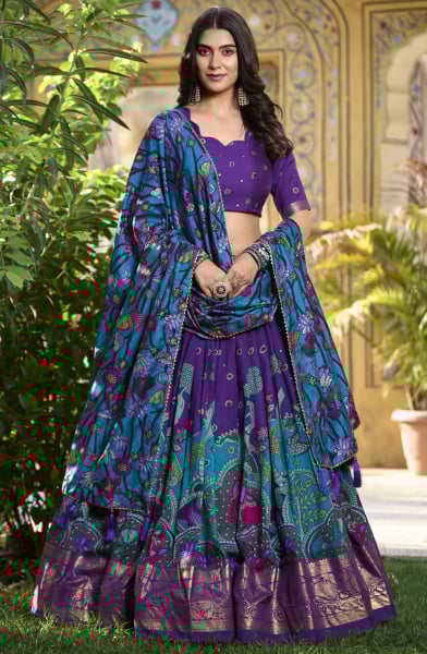 Purple Kalamkari Print Tussar Silk Chaniya Choli