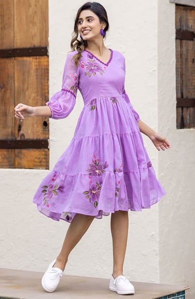 Purple Kota Checks Digital Printed Kurti