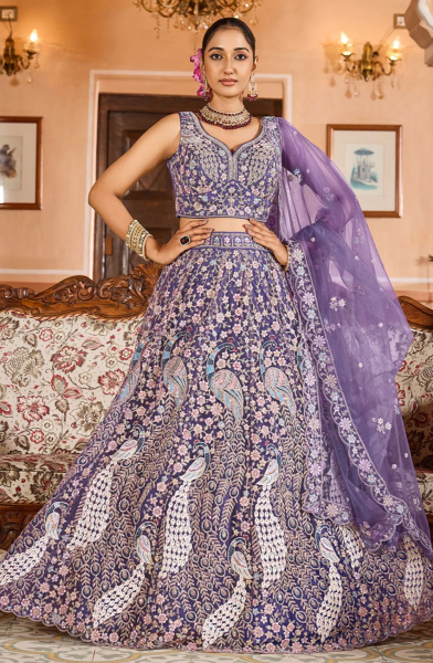 Purple Net Heavy Embroidered Lehenga Choli for Wedding