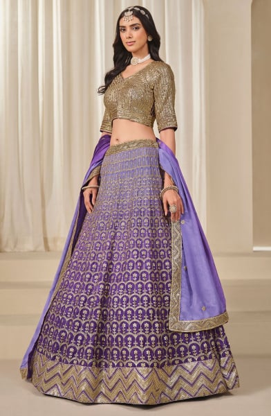 Purple Premium Chinnon Silk Heavy Lehenga Choli for Wedding