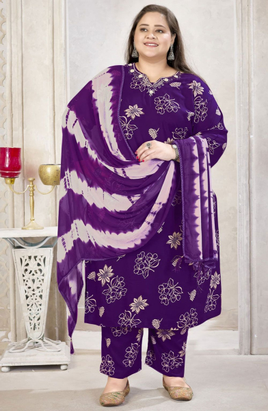 Purple Printed Rayon Readymade Plus Size Suit