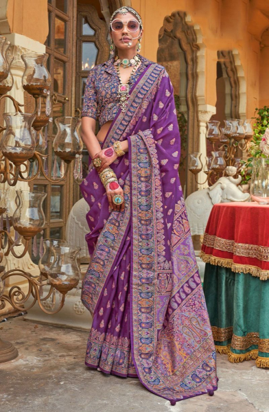 Purple Printed Silk Saree for Festival