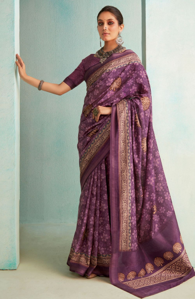 Purple Pure Jute Printed Saree