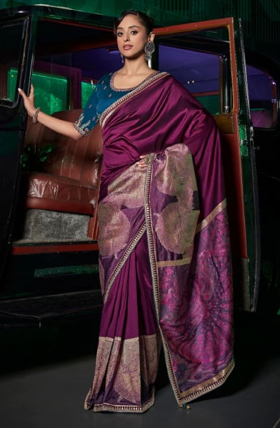 Purple Pure Silk Resham Embroidered Saree
