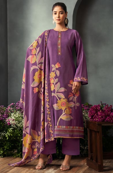 Purple Pure Viscose Embroidered Plus Size Suit