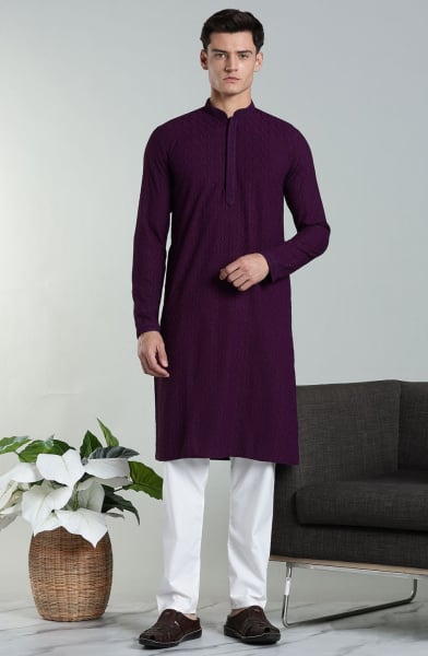 Purple Rayon Cotton Chikan Embroidered Kurta Pyjama Set