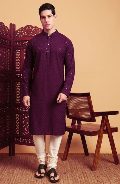 Purple Rayon Kurta Set for Men