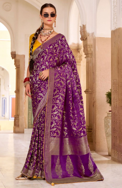 Purple Satin Tissue Silk Saree for Party