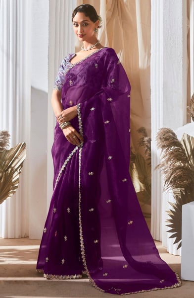 Purple Sequins Embroidered Tissue Organza Saree