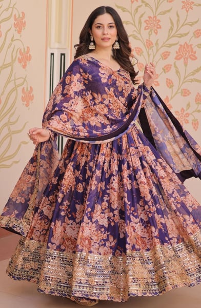 Purple Silk Floral Printed Gown with Dupatta