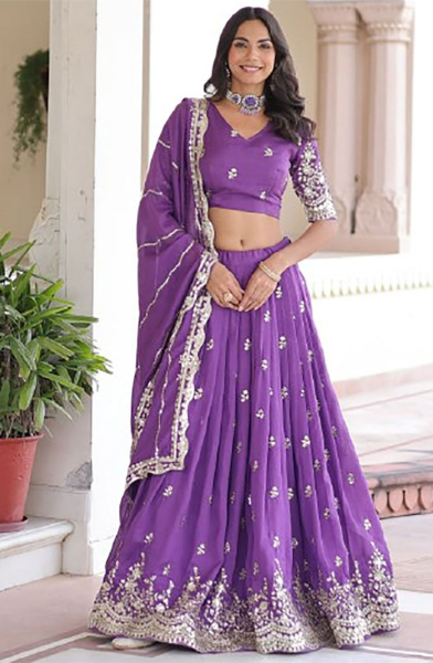 Purple Vichitra Silk Embroidered lehenga Choli Set