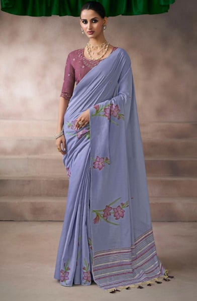 Purple Viscose Cottom Zari and Resham Embroidered Saree for Festival