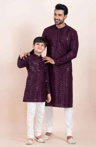 Purple Viscose Rayon Father Son Kurta Set Combo