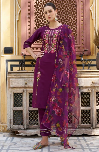 Purple Viscose Rayon Readymade Pant Kameez