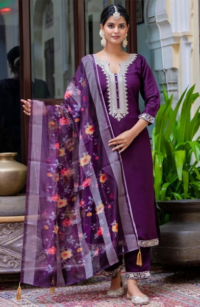 Purple Viscose Roman Silk Readymade Suit
