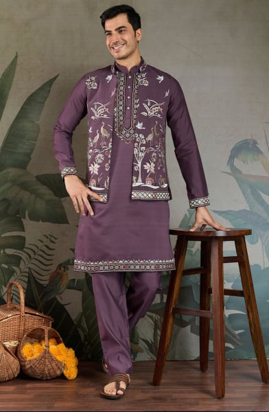 Purple Viscose Silk Kurta Pyjama Set with Jacket