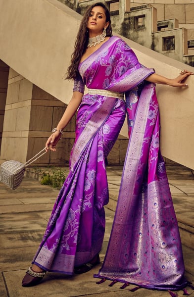 Purple Zari Woven Satin Brasso Saree