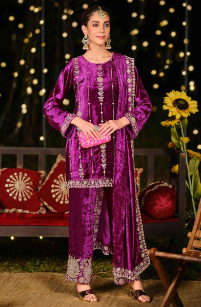 Wine Velvet Designer Pant Kameez Suit