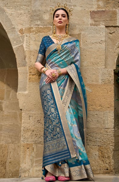Sky Blue Silk Printed Saree