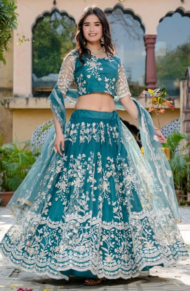 Rama Blue Embroidered Net Lehenga Choli for Ceremonial