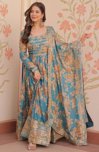 Rama Blue Silk Floral Printed Gown with Dupatta